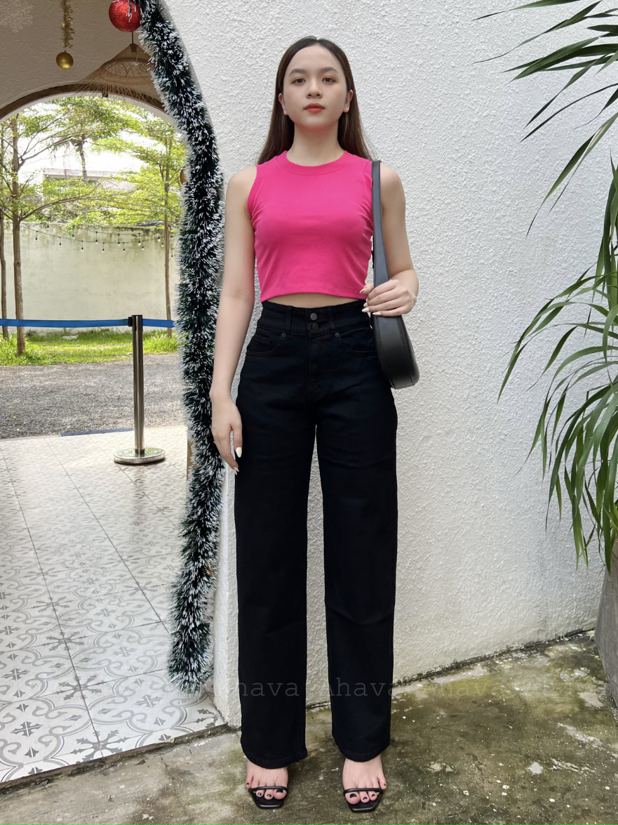 Quần jeans dài ống suông lưng lớn 2 nút