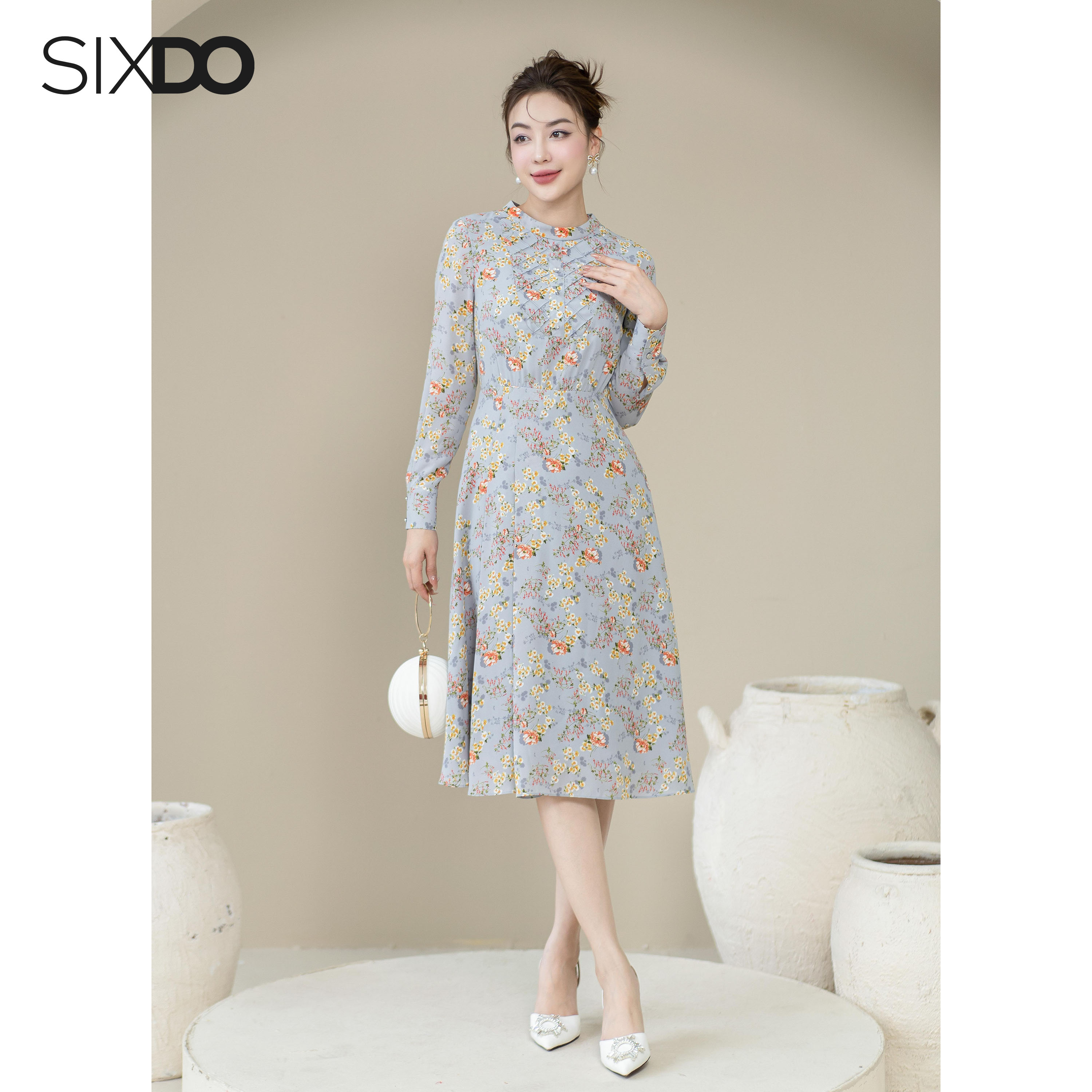 Đầm chiffon hoa nhí dài tay SIXDO (Floral Chiffon Midi Dress)