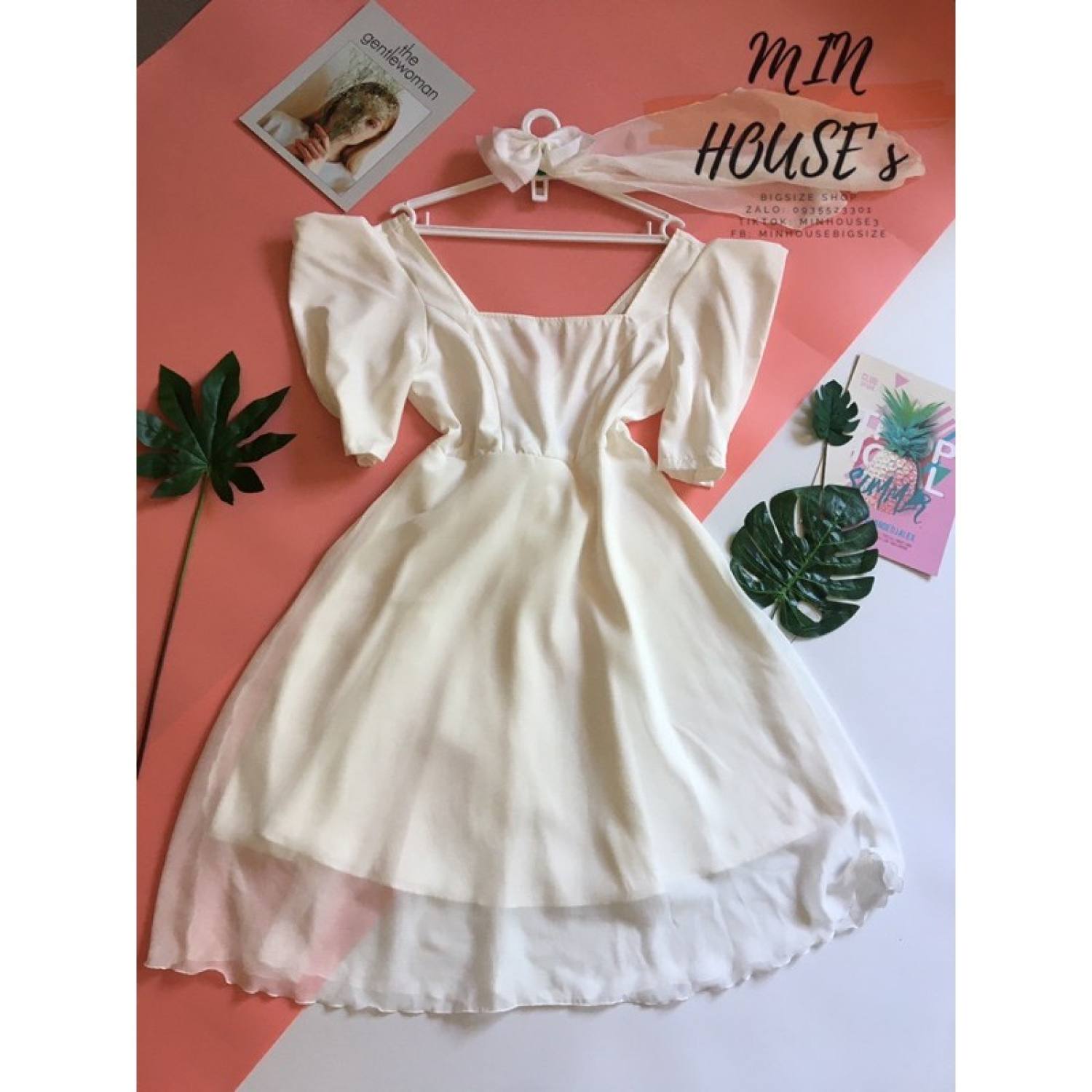 (CÓ ẢNH THẬT) BIGSIZE Đầm trắng cổ vuông D607 (Kèm kẹp voan cài tóc)