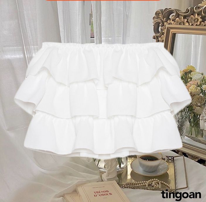 Áo trễ vai croptop 3 tầng đũi chống nhăn co dãn trắng tingoan BOY BYE OFF/WH