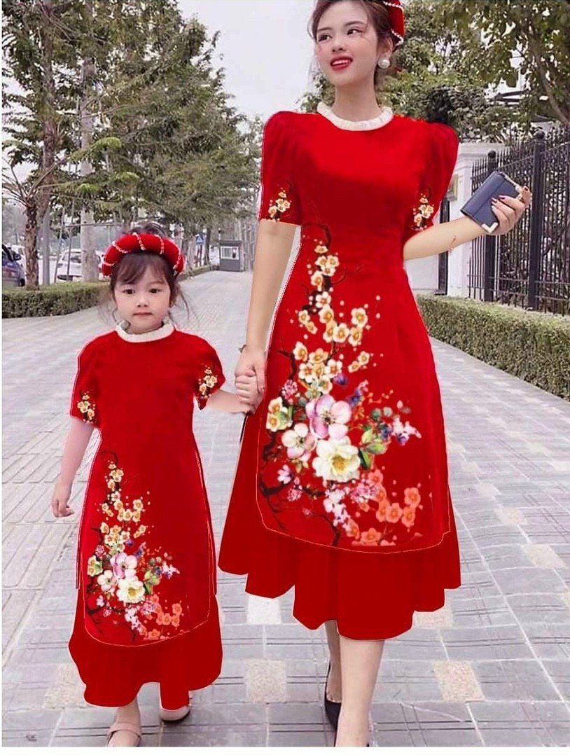 SÉT ÁO DÀI CÁCH TÂN IN HỌA TIẾT CÀNH ĐÀO