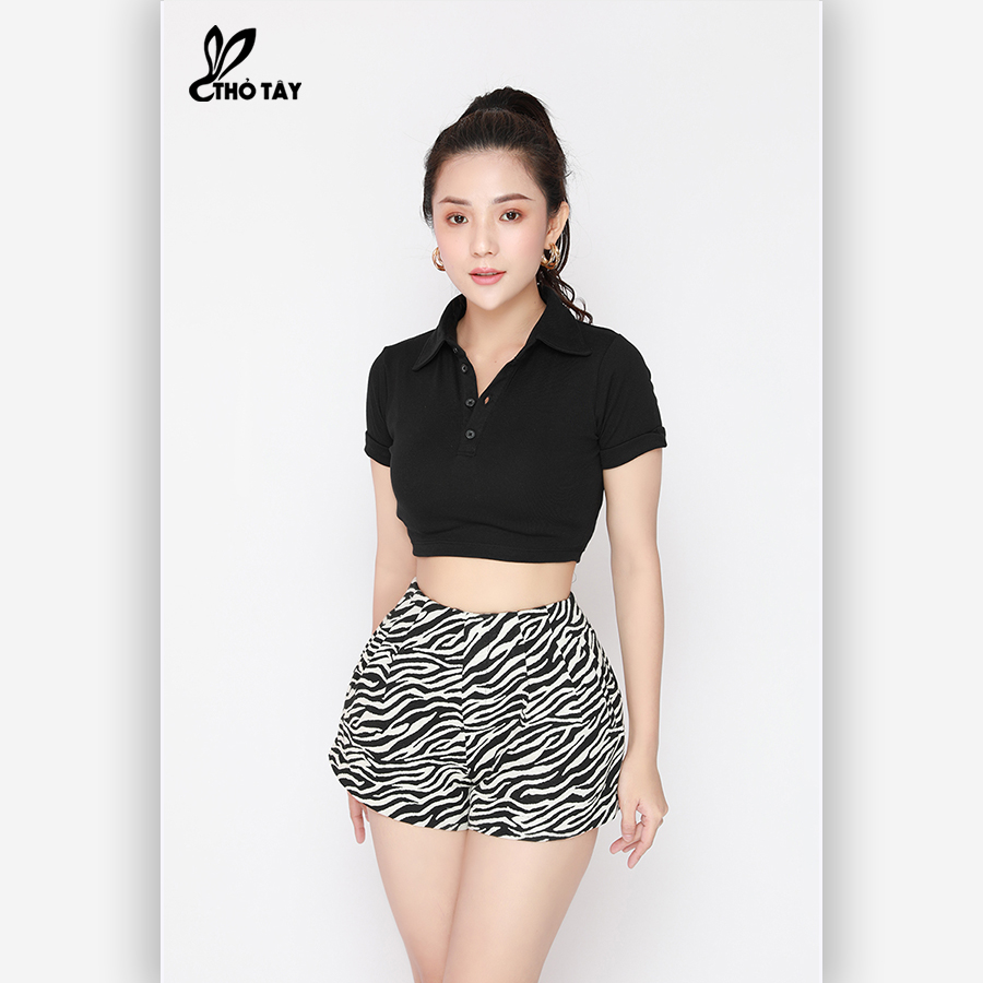 Áo Thun Nữ Cổ Bẻ Form Croptop - THỎ TÂY A220B645