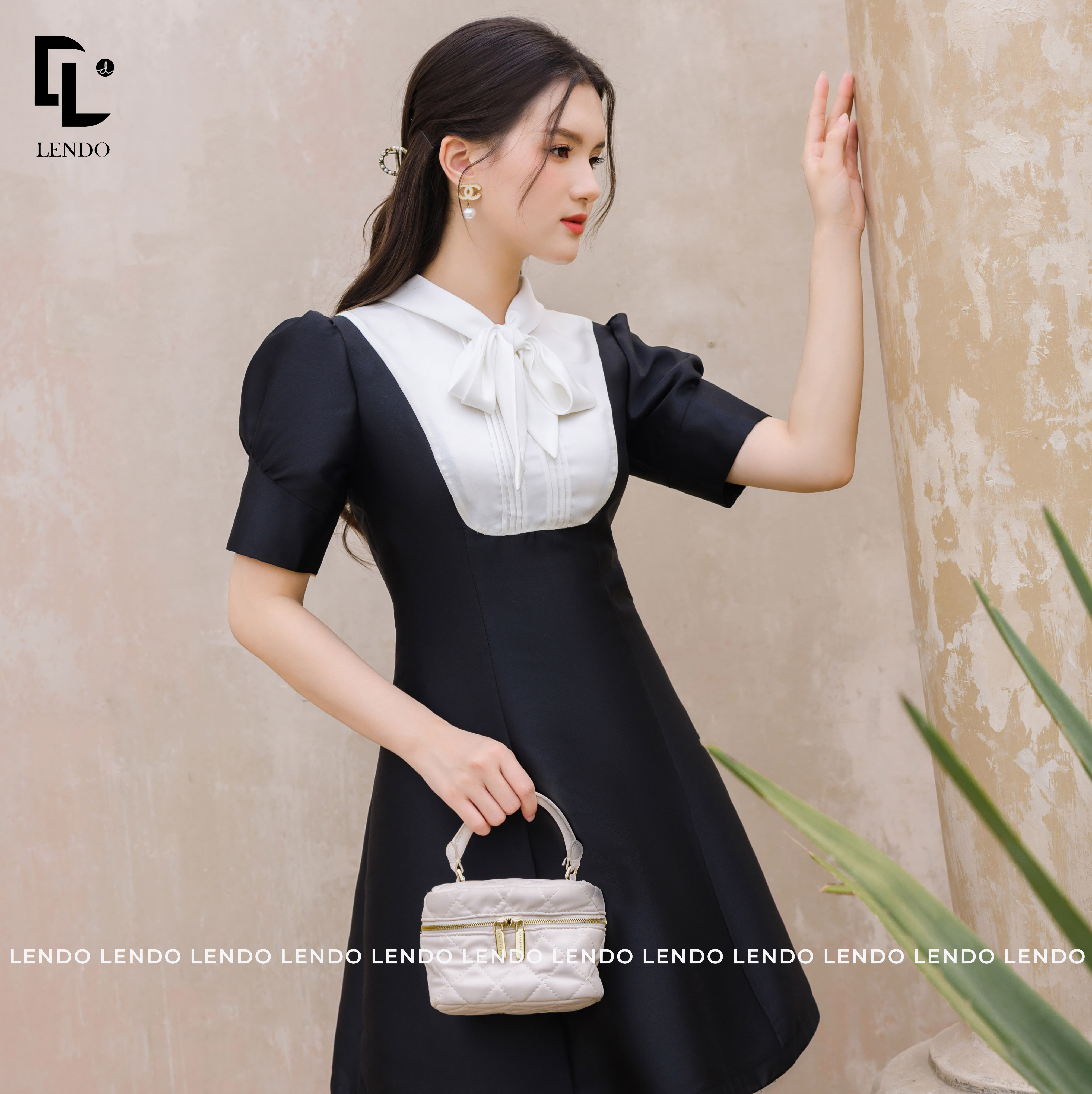 Đầm đen tafta cổ trắng LENDO V230207