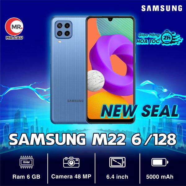 Samsung Galaxy M22 (6GB/128GB) - CHÍNH HÃNG Mới 100%, Nguyên seal- Màn hình lớn Super AMOLED 6.4Full HD+, Chip MediaTek Helio G80 8 nhân, Pin Trâu 5000 mAH