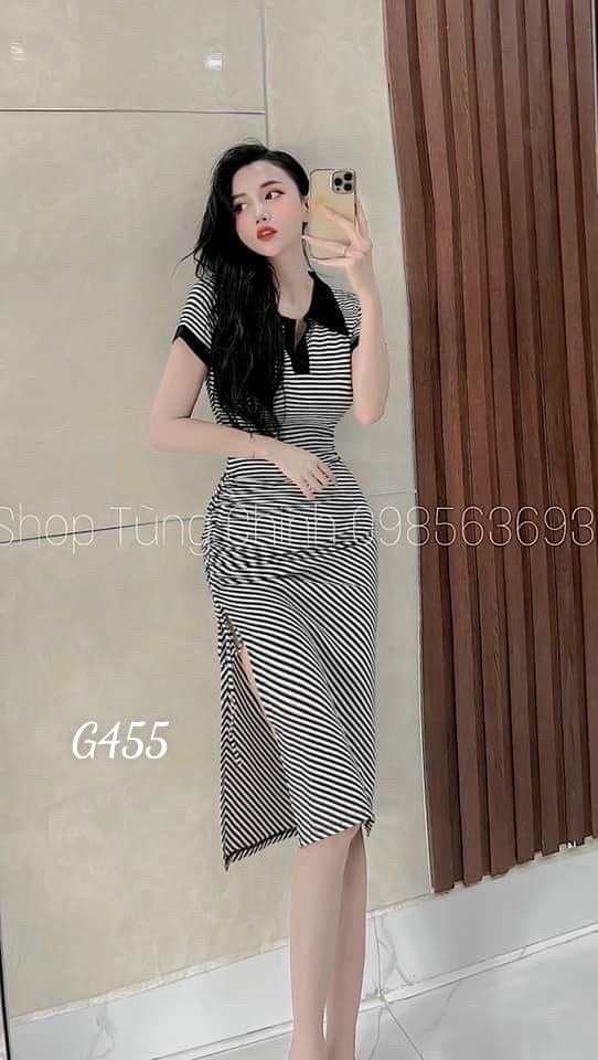 Đầm thun cổ trụ kẻ sọc ngang xoắn eo một bên Chất thun gân G455