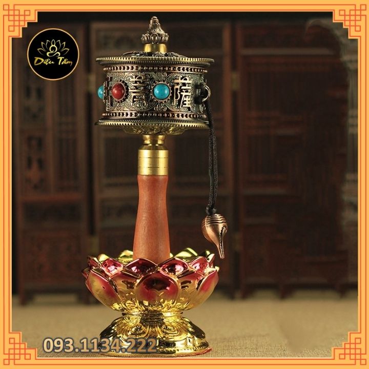 Kinh luân cầm tay có chứa câu chú Om Mani Padme Hum bánh xe kinh luân MS450 pháp khí đồ thờ cúng