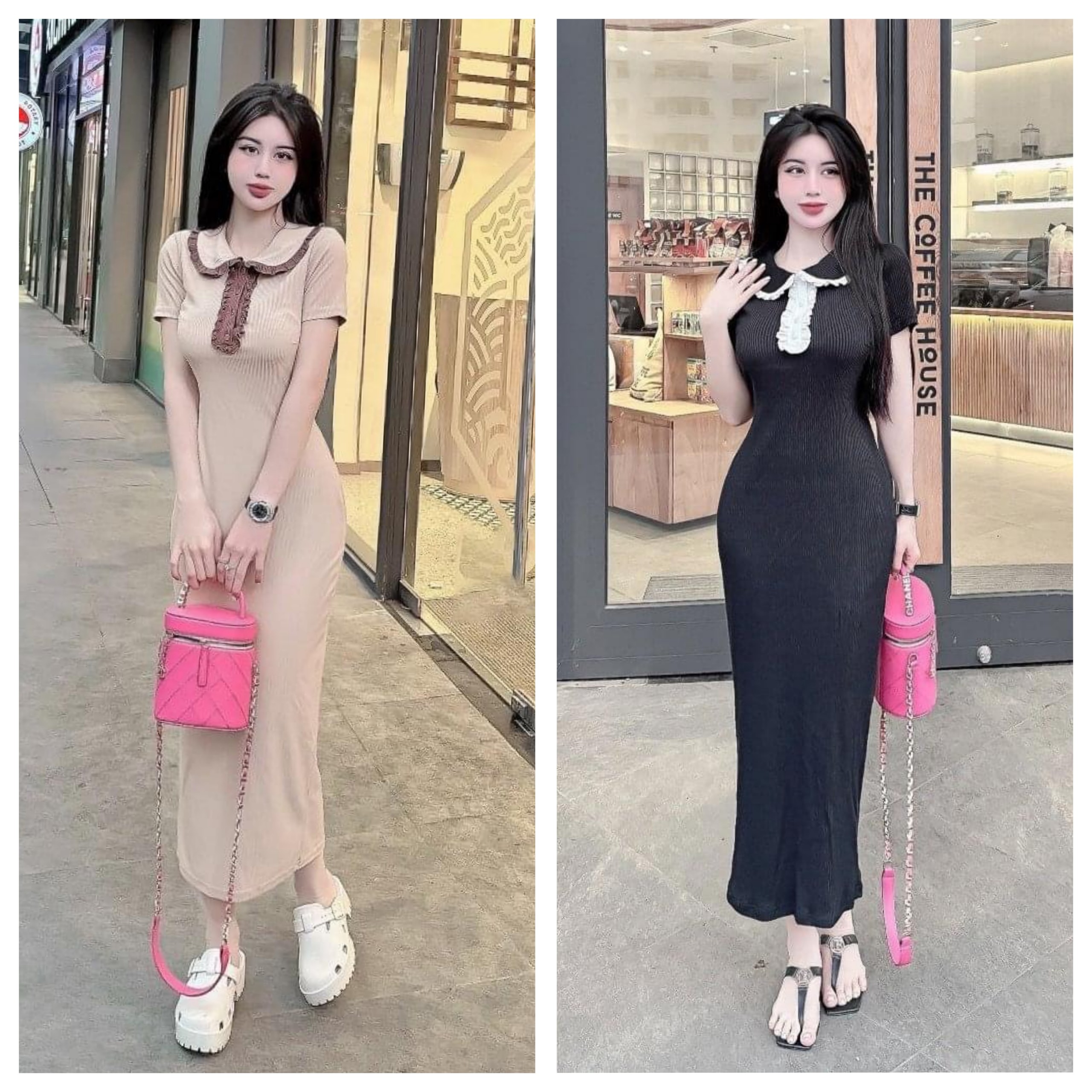 Váy body dài tay ngắn tiểu thư, cổ viền bèo duyên dáng