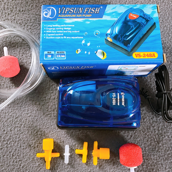 Máy Oxi VipSun 1 vòi 3w kèm 1m dây,1 viên sủi cho hồ cá cảnh tặng 1 van ngang, 2 chữ T, 1 nối, 1 viên sủi sơ cua