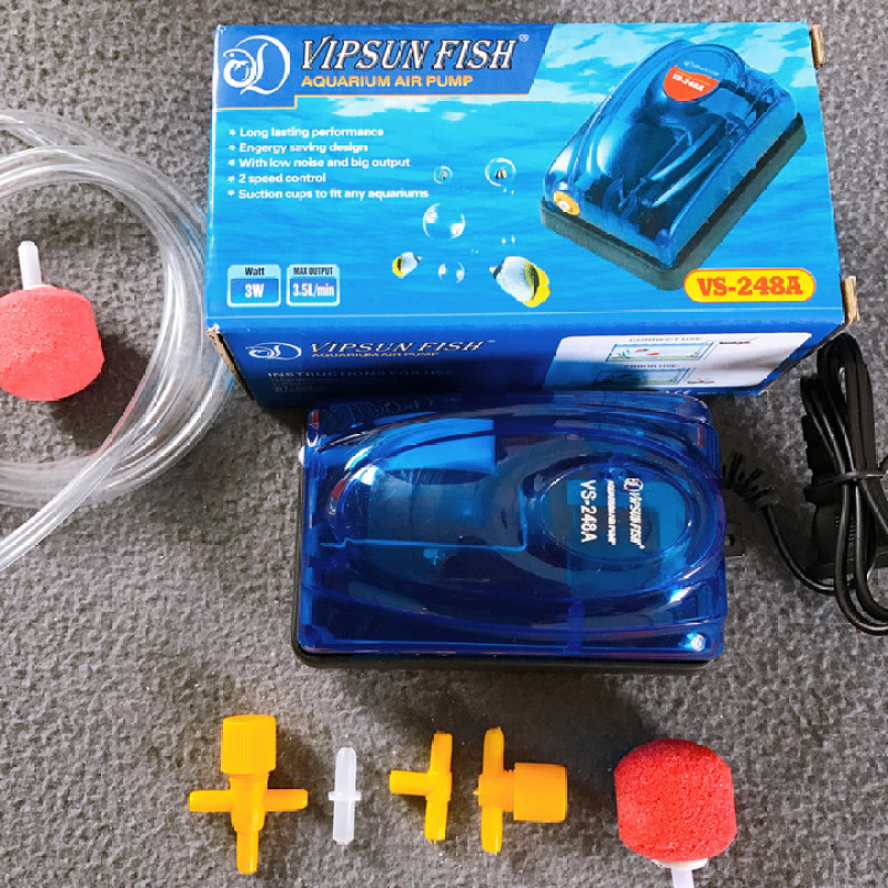 Máy Oxi VipSun 1 vòi 3w kèm 1m dây,1 viên sủi cho hồ cá cảnh tặng 1 van ngang, 2 chữ T, 1 nối, 1 viên sủi sơ cua