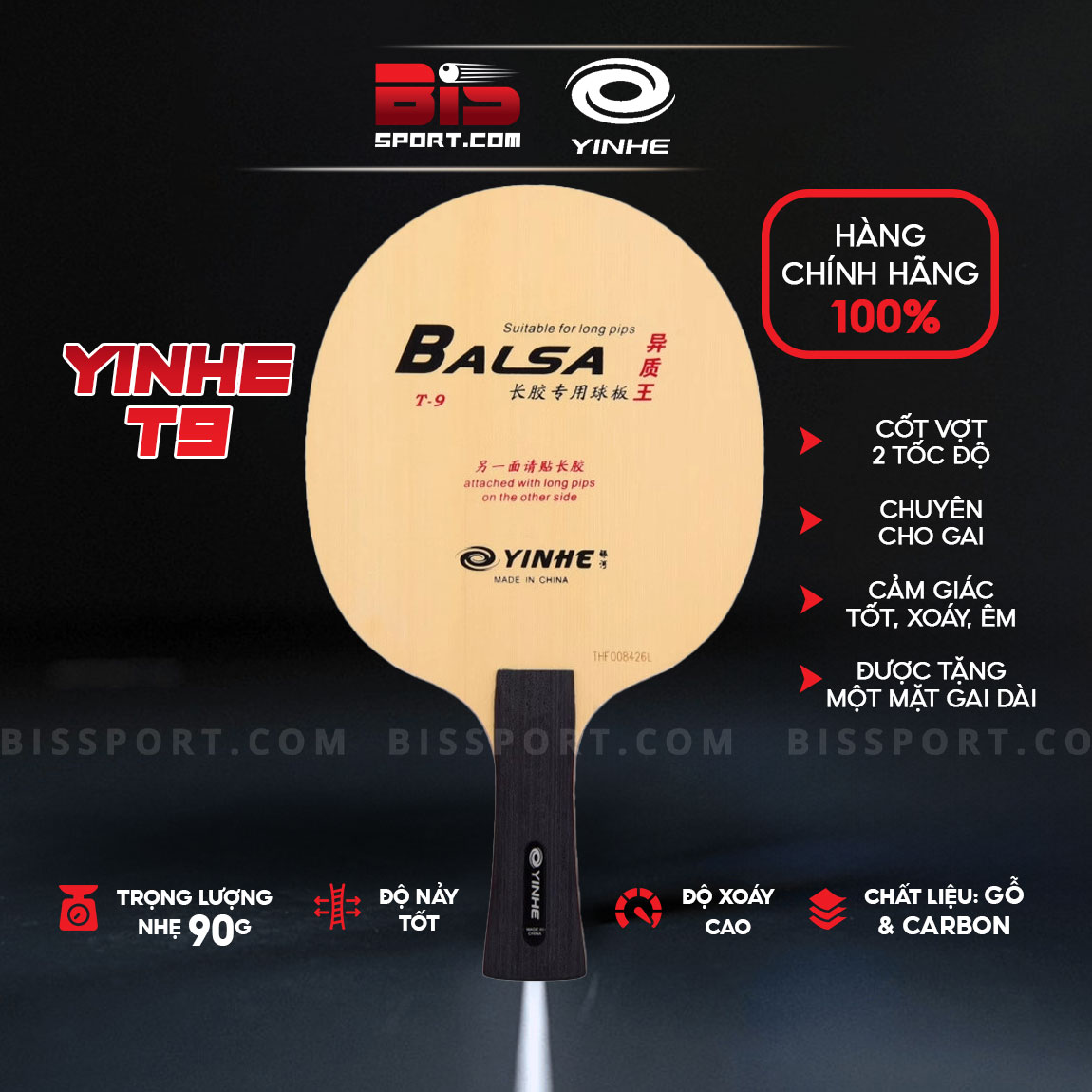 Cốt vợt bóng bàn 2 tốc độ yinhe balsa t9 chính hãng chuyên gai - cấu tạo 5 gỗ , 1 carbon - tặng 1 mặt gai thủ không lót