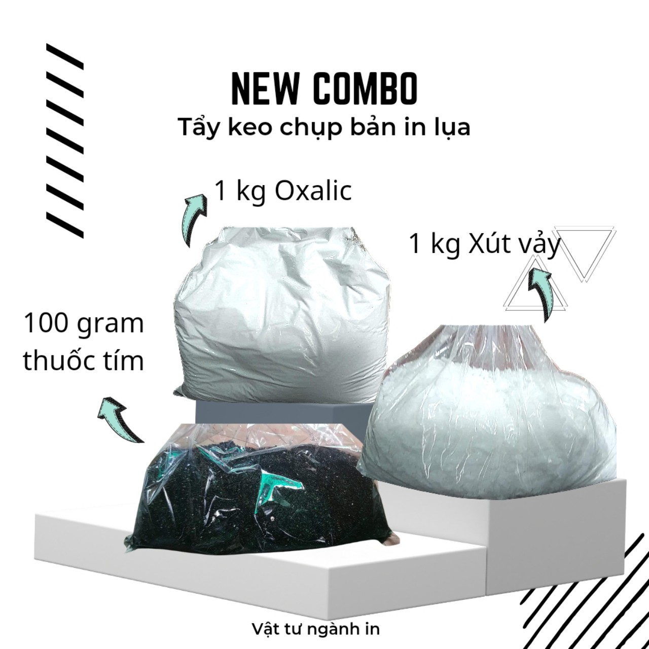 Combo 1 kg Oxalic + 1 kg Xút vảy+ 100 gram thuoc tím tẩy keo chụp bản mực in lụa để tái sử dụng khung in lụa cho bản in lần sau
