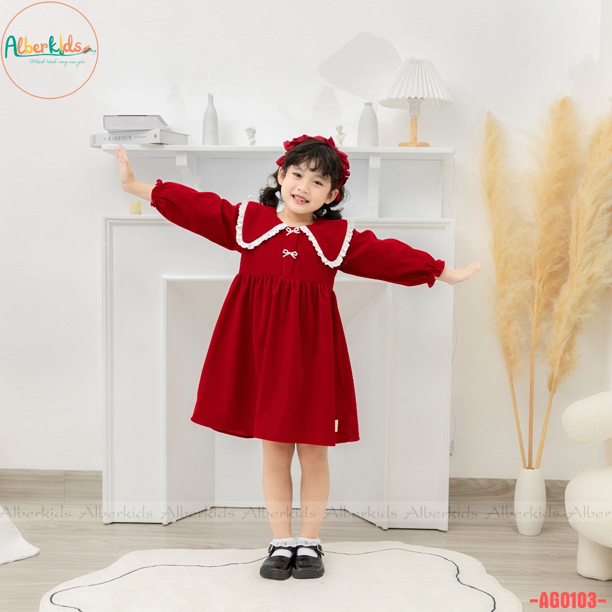 Váy bé gái ALBERKIDS thu đông đỏ CỔ VUÔNG REN TRẮNG dài tay công chúa cho trẻ em 23456789101112 tuổi