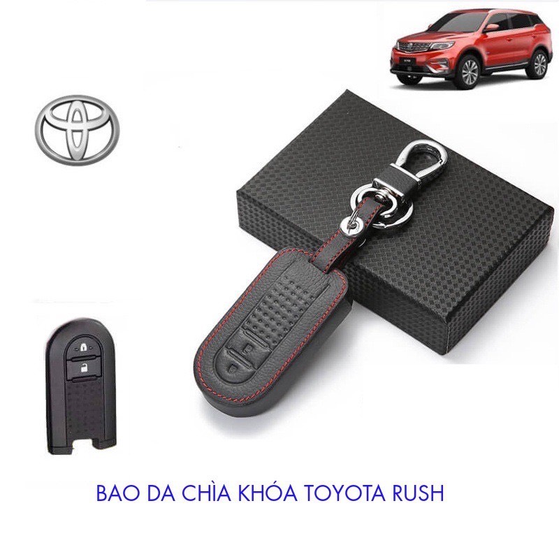 Bao Da Chìa Khóa Ô Tô 2 nút dành cho xe Toyota Rush - Wigo - Tặng Móc Số Tránh Thất Lạc - bao da bò chỉ đỏ