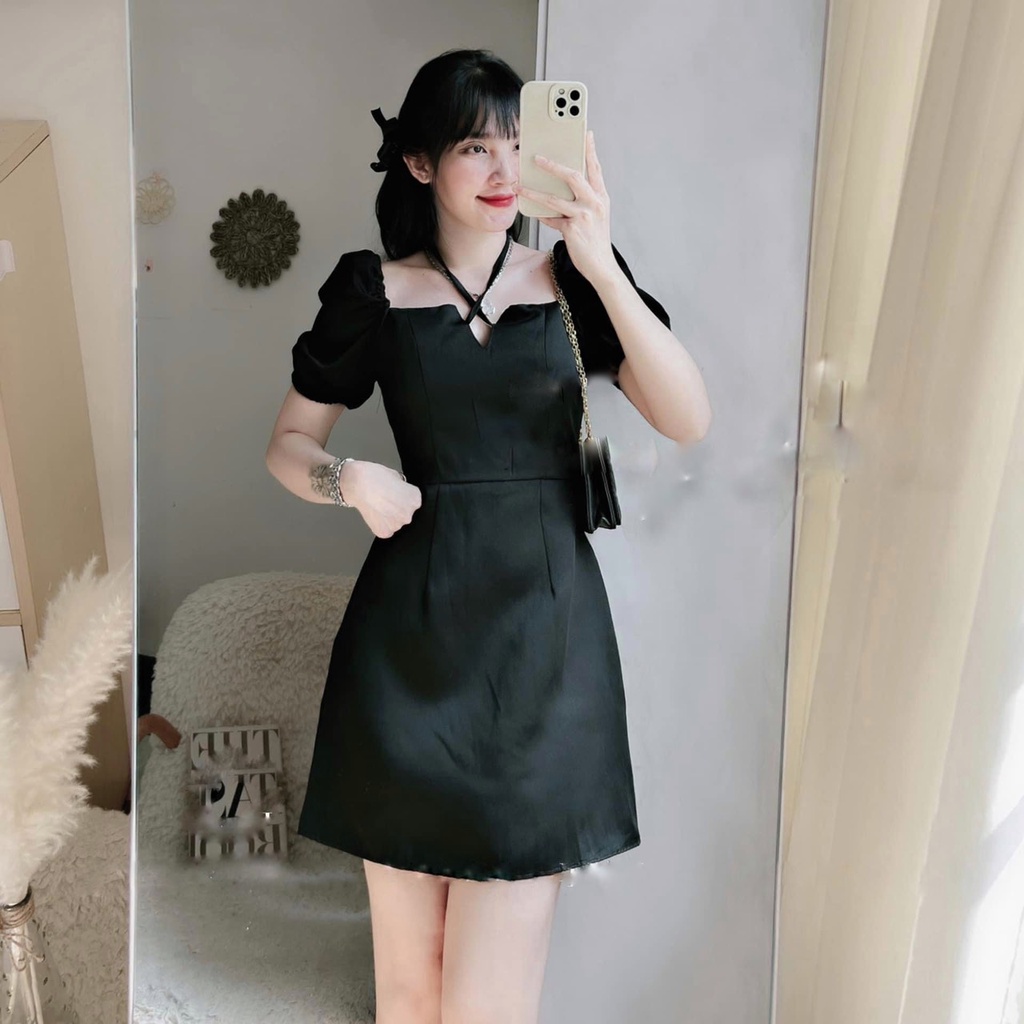 Váy Buộc Dây Chéo Cổ Khóa Lưng, Đầm Nữ Chữ A Hàn Quốc