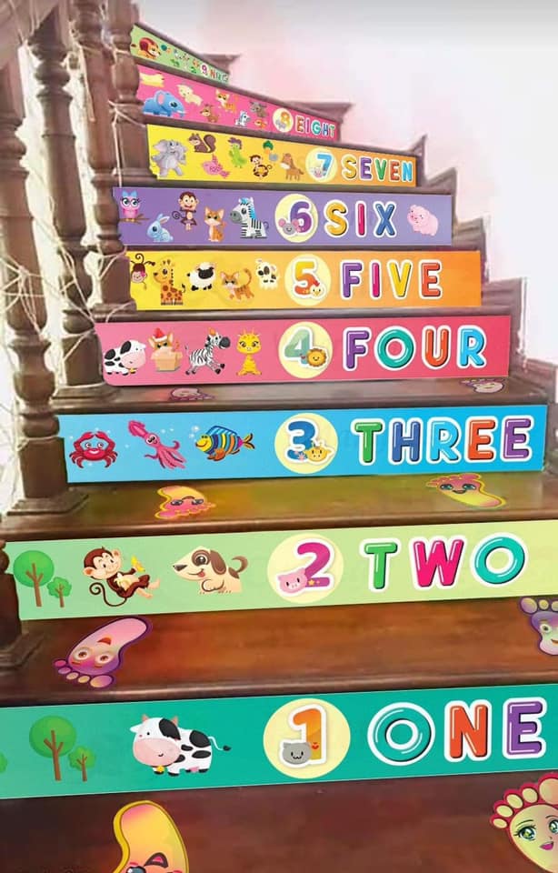 Set 10 tấm decal trang trí bậc cầu thang cho trẻ em, lớp học mầm non kích thước 12x100cm