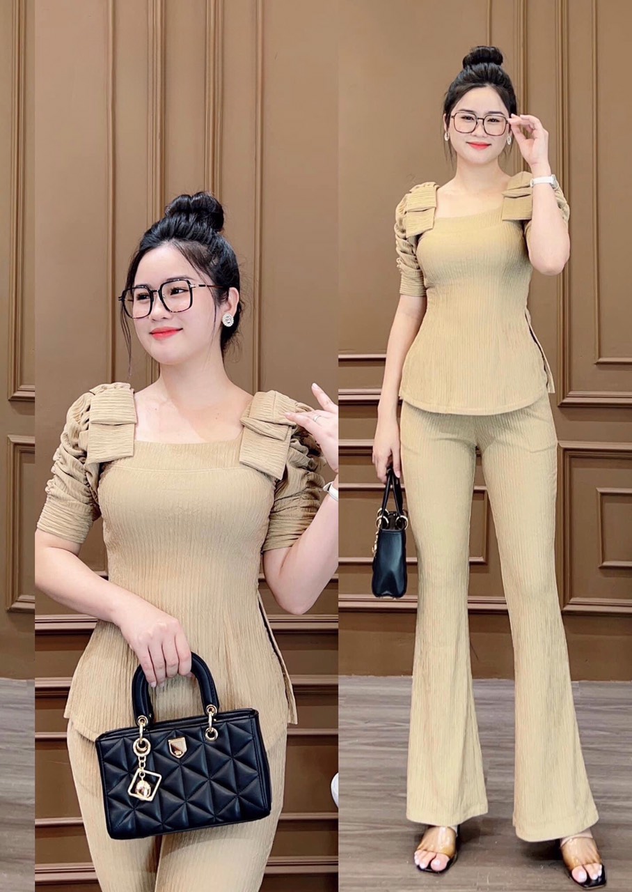 sét bộ thun xốp nhật ống loe xẻ tà eo cổ vuông