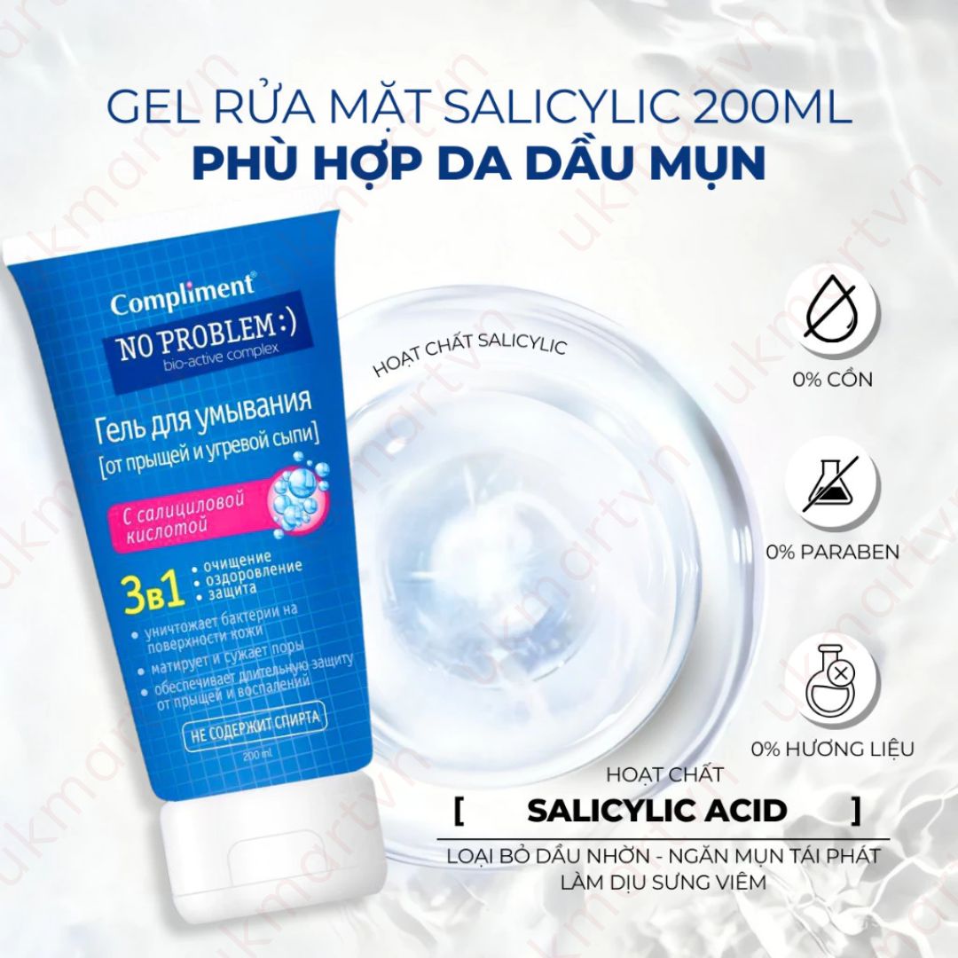 Gel rửa mặt BHA Compliment No Problem làm sạch sâu, giảm viêm & mụn 200ml