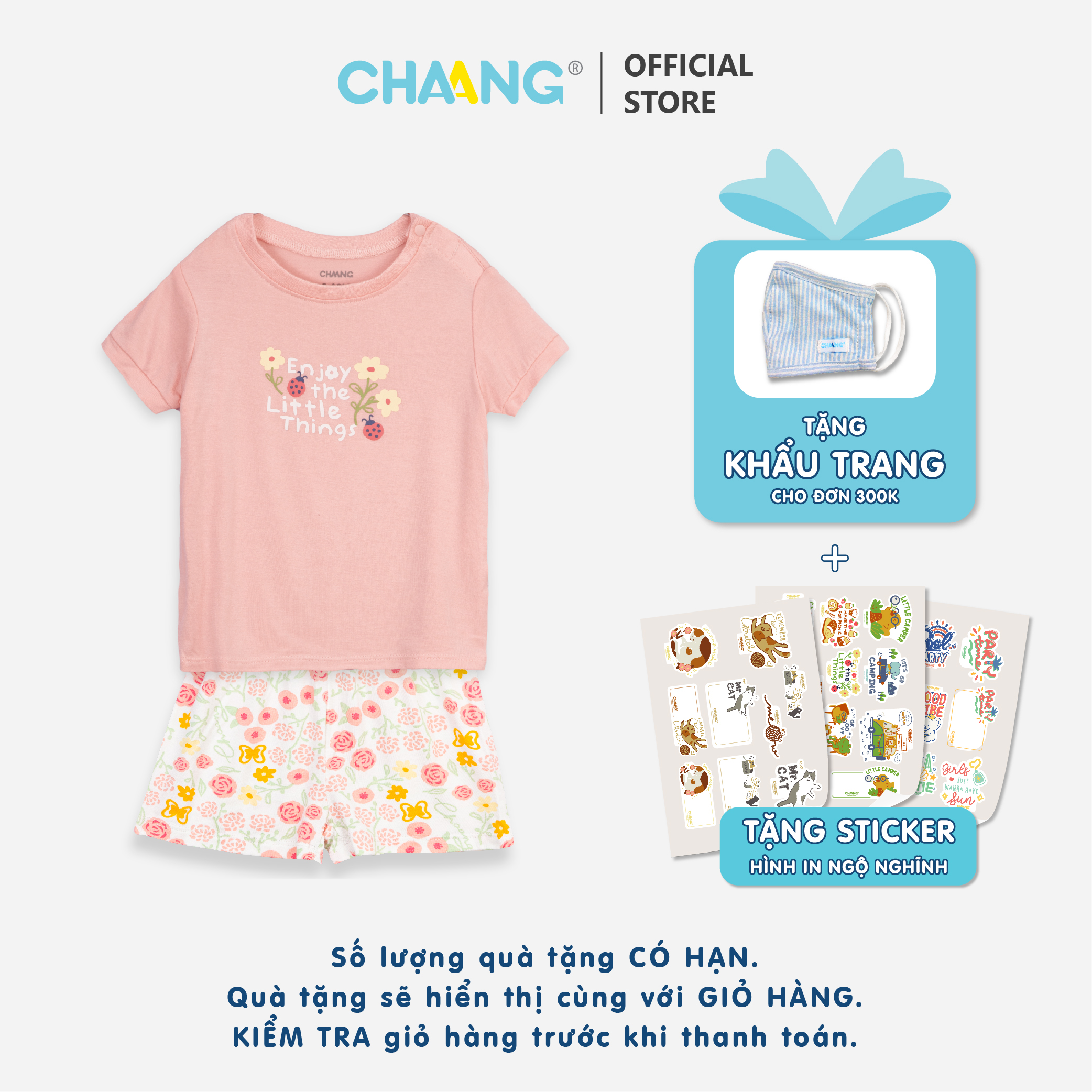 [CHAANG] Bộ quần áo cộc cúc vai Spring bọ rùa hồng