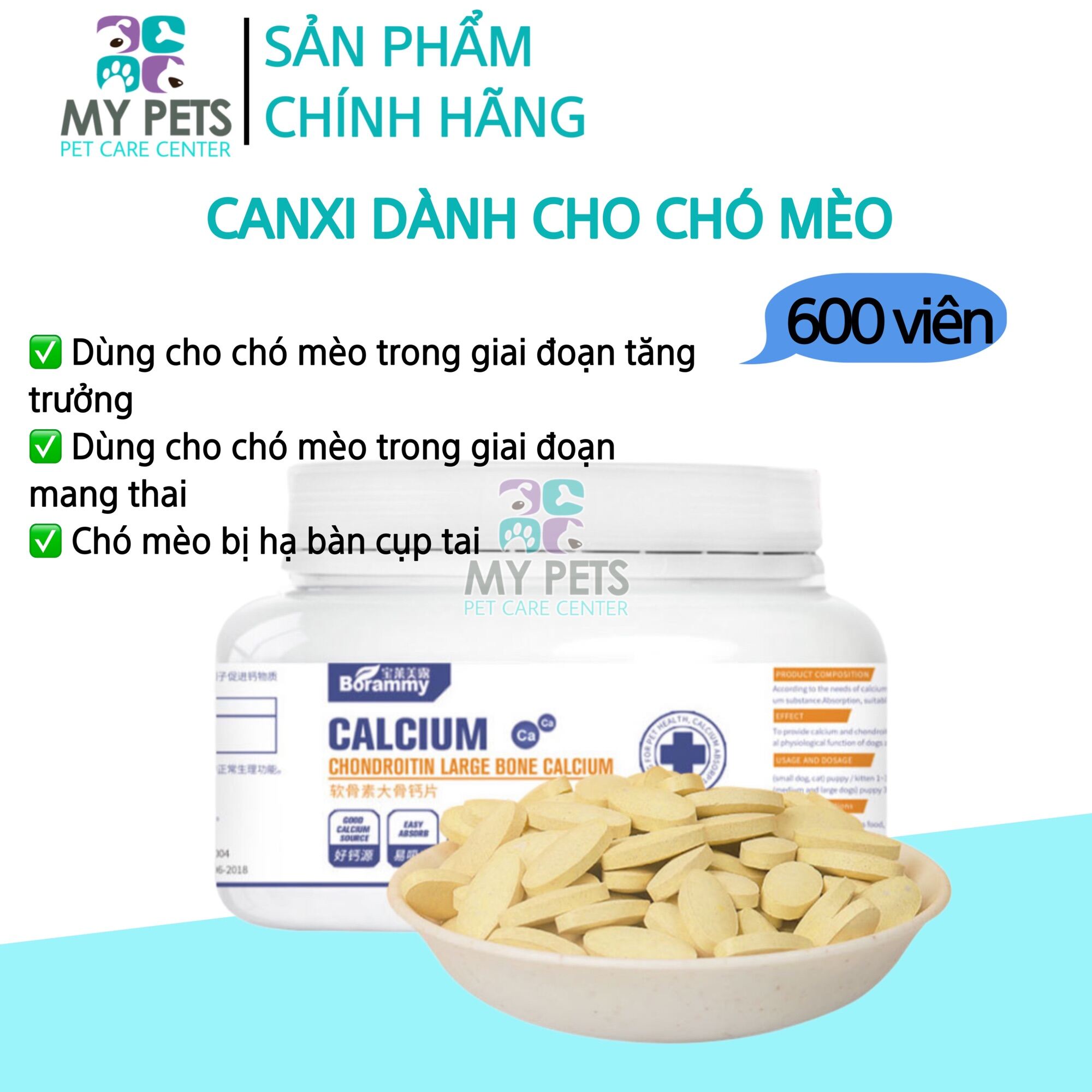 Viên nhai bổ sung Canxi cho chó mèo Borammy giúp xương cứng chắc - Hũ 600 viên
