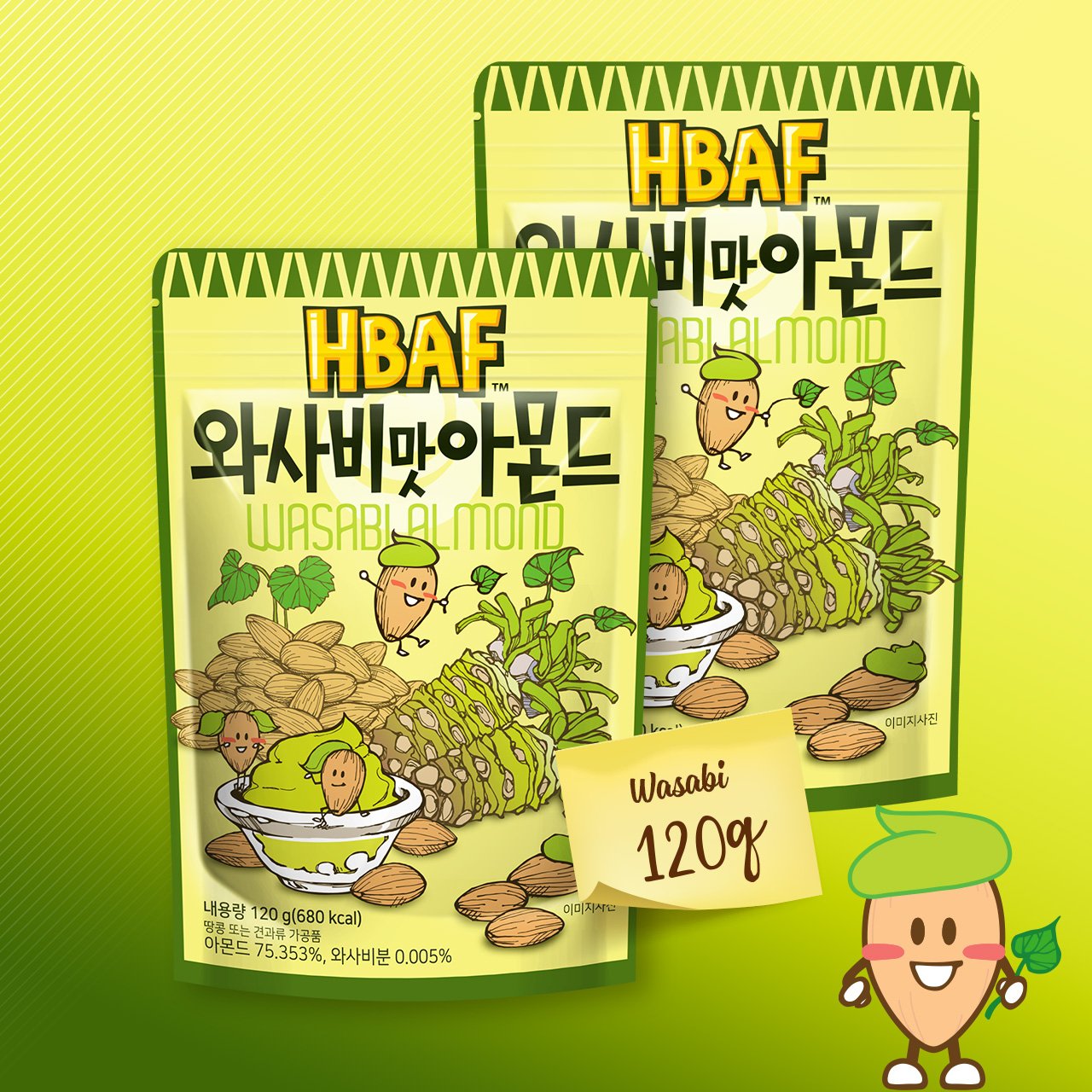 Hạt Hạnh nhân tẩm Wasabi HBAF Hàn Quốc 120g (1 GÓI)