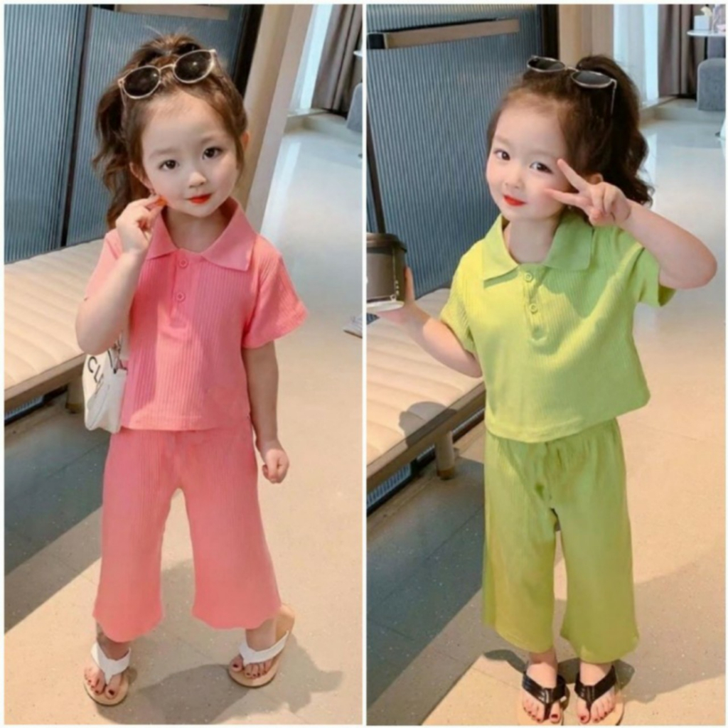 Bộ đồ thun gân bé gái cổ bẻ từ 8-20kg