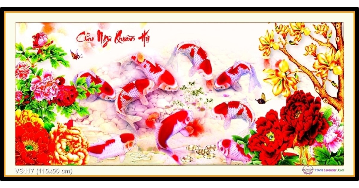 Tranh đính đá Cửu Ngư Quần Hội vs117 kích thước 115cm x 50cm. Màu sắc tươi tắn, hạt đá ABC cao cấp.Vải chart in chuẩn 100%, hạt đá chất lượng cao Phụ kiện đầy đủ, in màu chính xác. Không Phải tranh thành phẩm