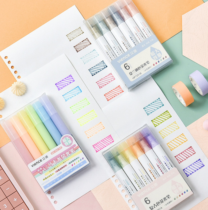 Bộ bút highlight Vience màu Retro Morandi Macaron 6 chiếc