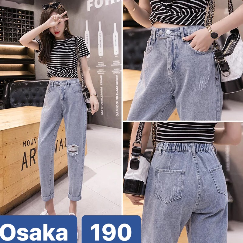 QUẦN BAGGY JEAN NỮ CHẤT BÒ XANH LƯNG THUN CẠP CHUN KIỂU MỚI RÁCH LƯNG CAO NÂNG MÔNG TREND OK-190 OSAKA FASHION