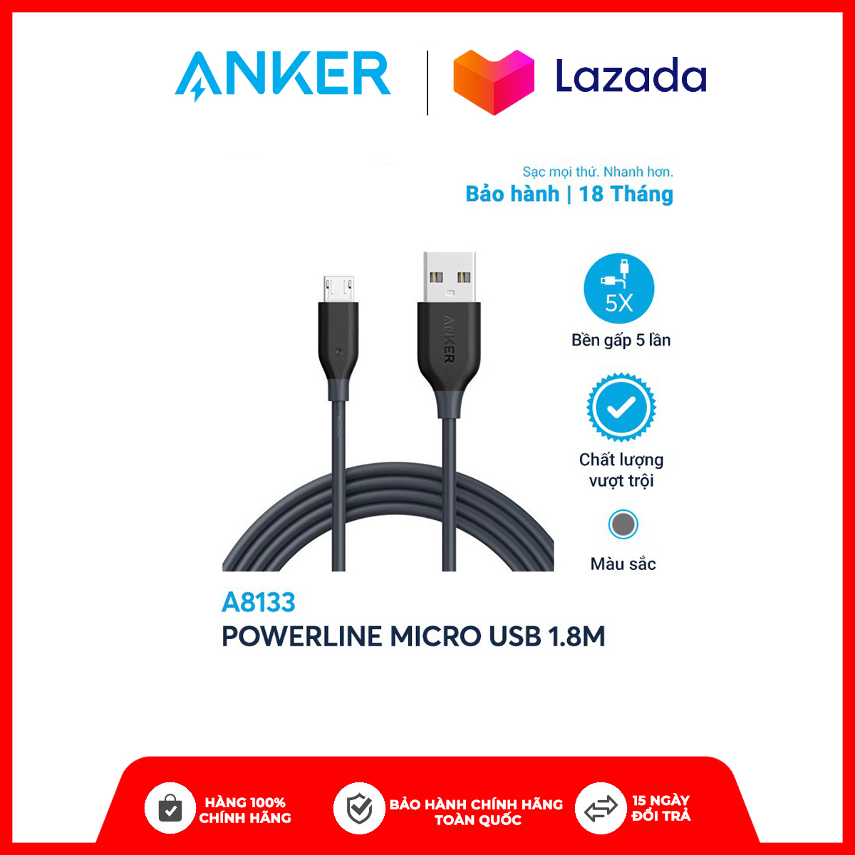 Cáp Sạc Anker Powerline Micro Usb Dài 1.8M - A8133