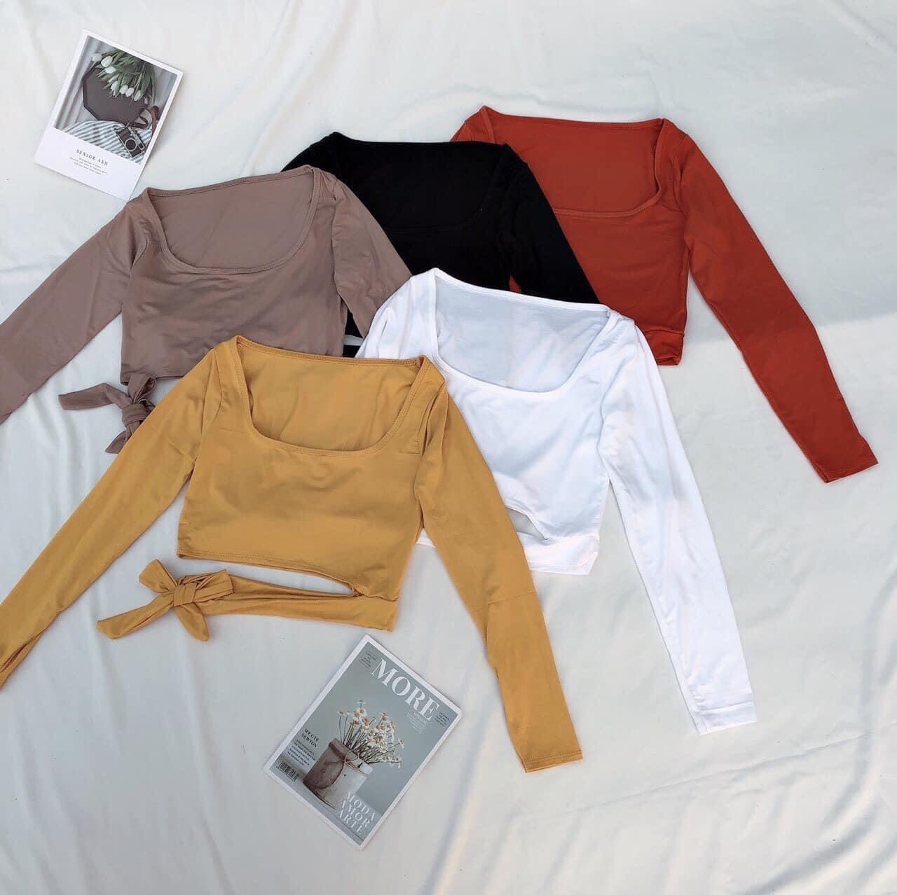 Aó croptop tay dài cột nơ eo, áo cột nơ eo