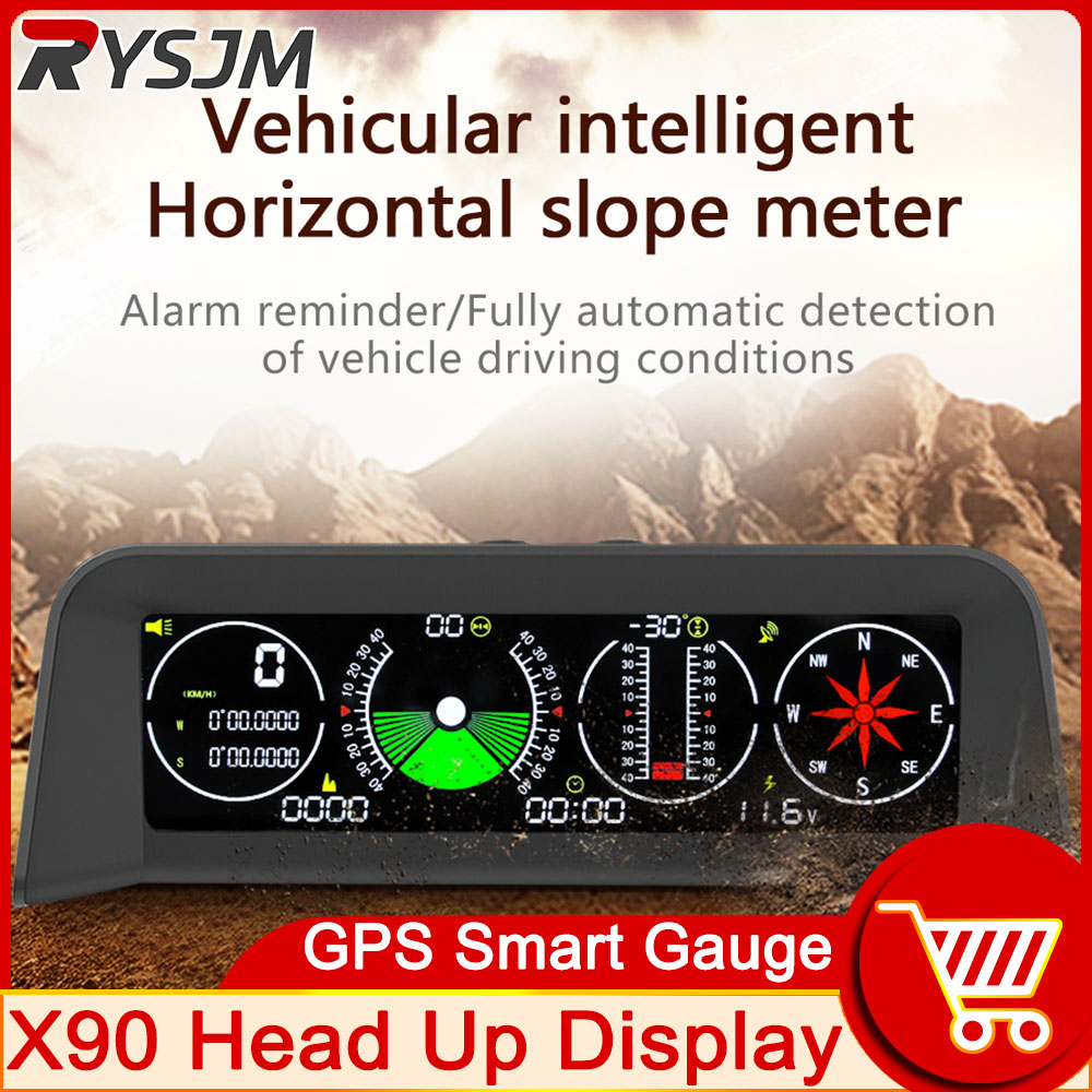 HD X90 đầu lên hiển thị công tơ mét quá tốc độ báo động độ dốc mét đo độ nghiêng xe la bàn HUD Pitch góc thước đo đồng hồ