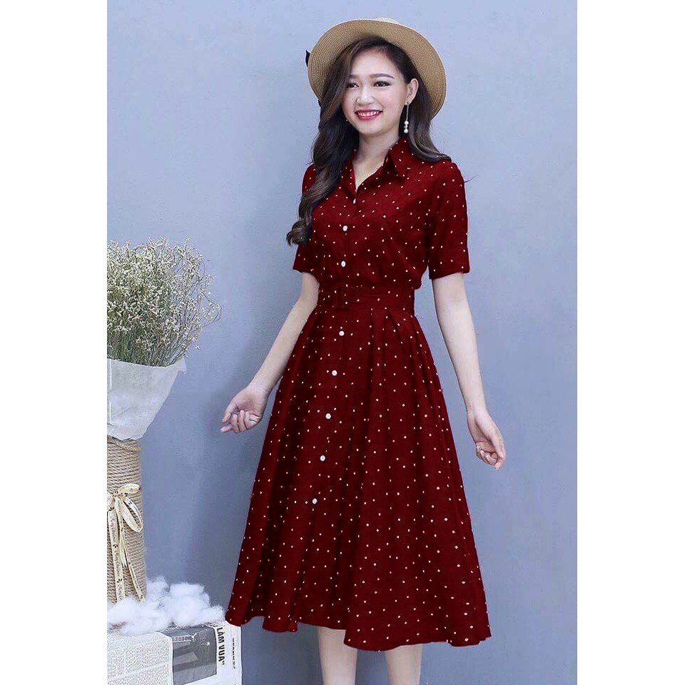 Đầm Công sở Cổ Sơ Mi Chấm Bi Kèm Bell Có Túi