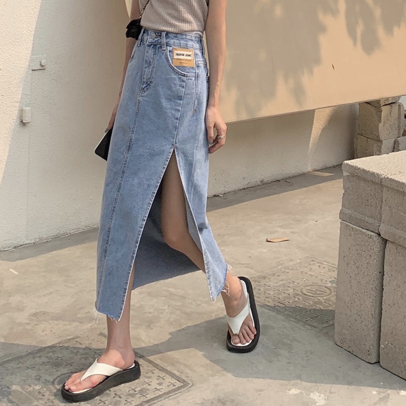 Chân váy demin lưng cao dáng dài xẻ tà ms 01
