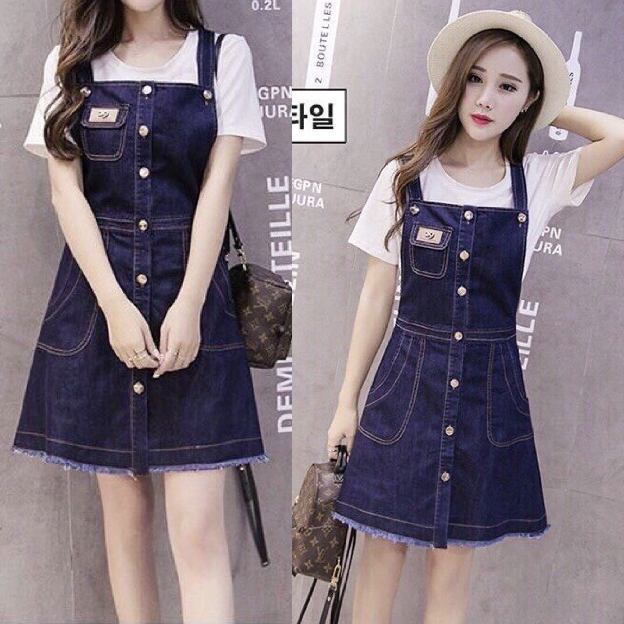 Yếm jean 2 dây phối túi