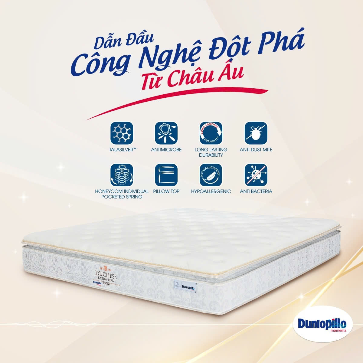 Nệm Lò Xo Túi Độc Lập Dunlopillo Duchess, Thiết Kế sang trọng, công nghệ hiện đại - Độ Cao 29cm