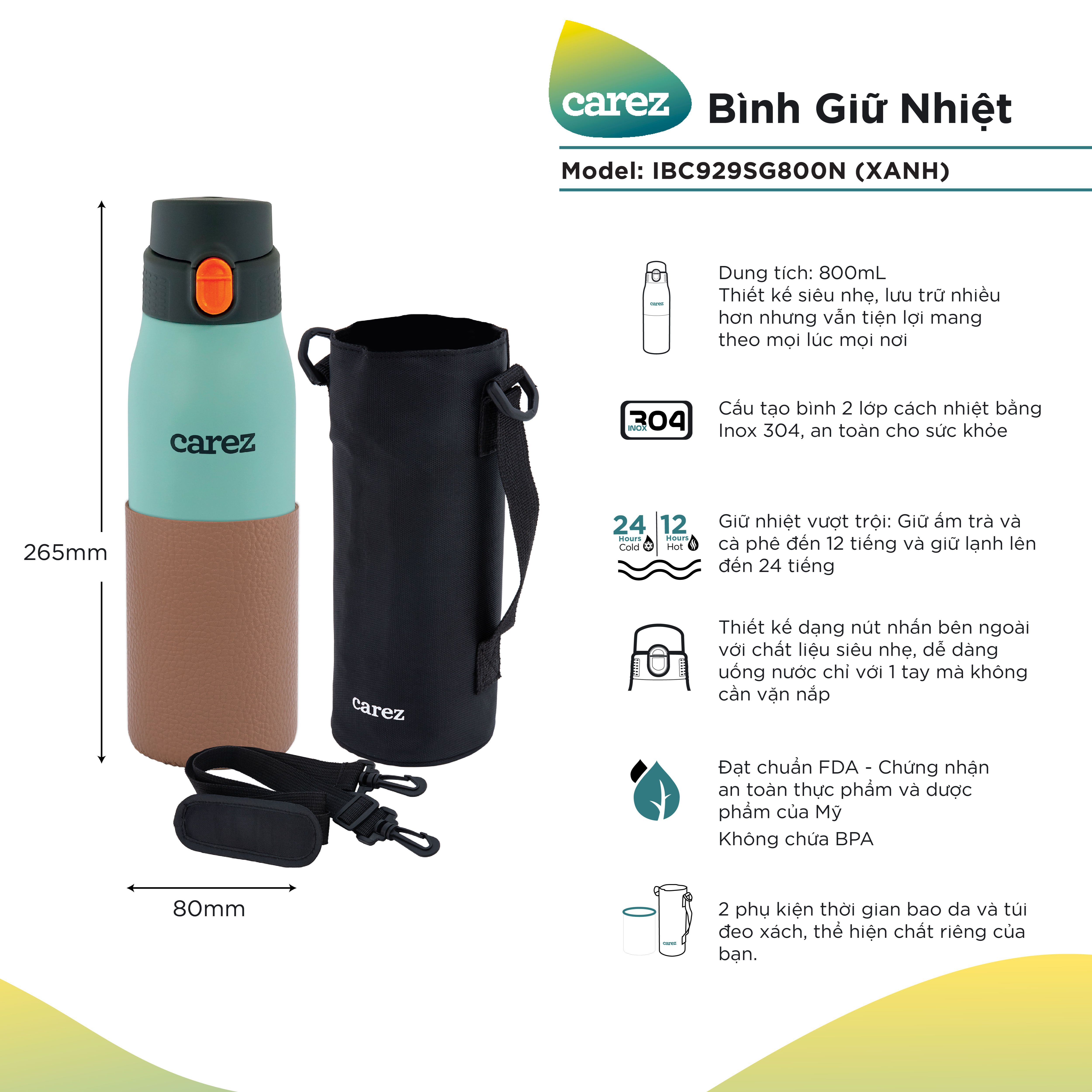 Carez ibc929sg800n-800ml Thermos bottle, stainless steel 304, BPA free-keep hot up to 12 hours, keep cold for up to 24 hours-get a sling bag-authentic