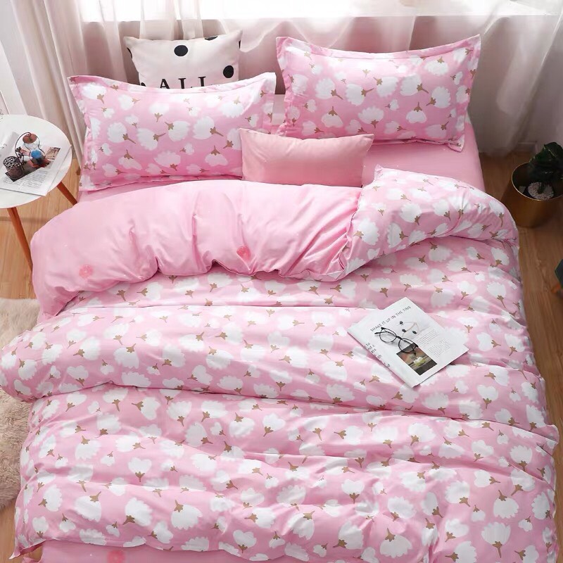Trọn bộ 4 món chăn ga gối cotton poly nhập mẫu hoa hồng
