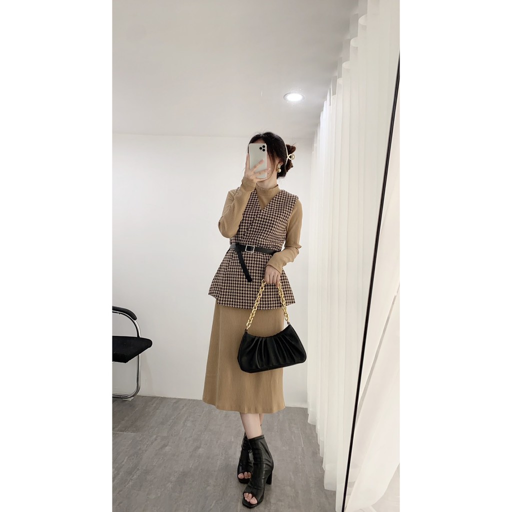 Set váy kèm belt style Hàn, chanh xả (1114)