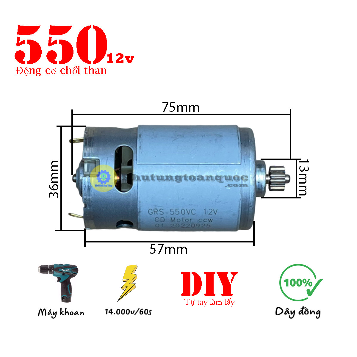 Động Cơ 550 12v Máy Khoan - Máy Bắn Vít Chạy Pin 12v | Motor Chổi Than 550 Thân 36mm 100% Dây Đồng