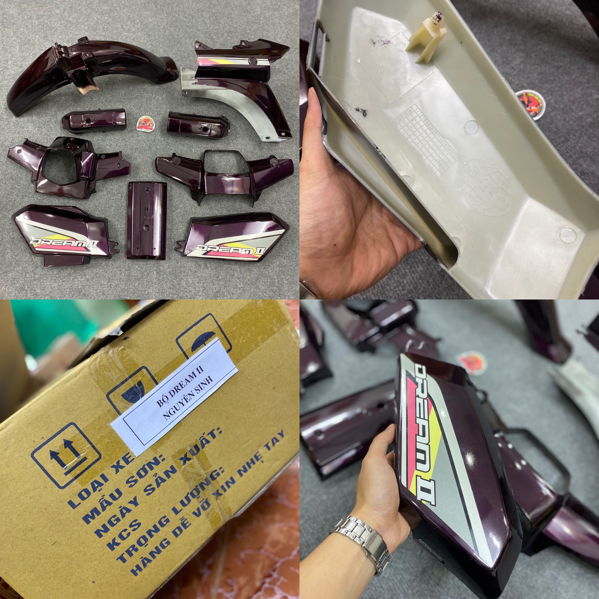 Bộ vỏ nhựa xe Dream màu zin ( nho tím ) như ảnh, nhựa ABS. Lắp Dream Việt, Thái, 50cc, liên doanh kèm tem