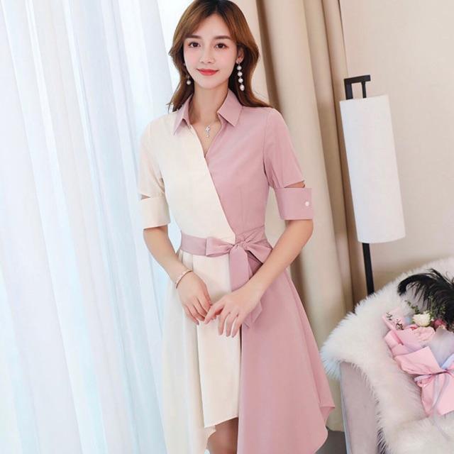 Đầm sm hồng vạt chéo phối trắng