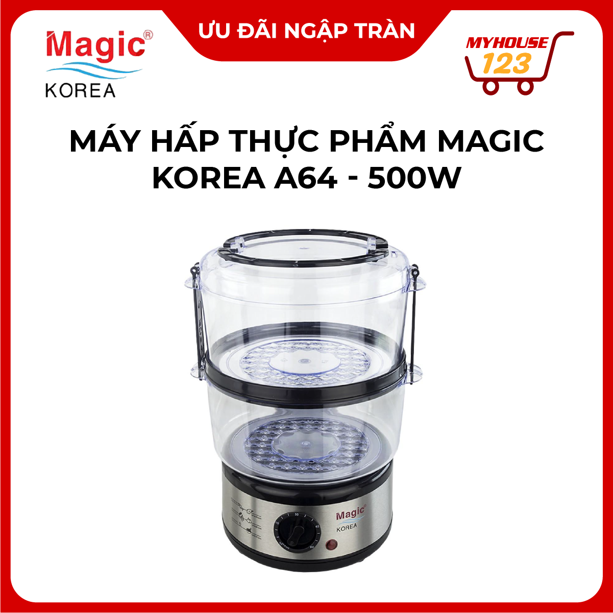 Máy Hấp Thực Phẩm 2 tầng Magic Korea A64 (Công Suất 500W) Dung Tích 5L-Hàng Chính Hãng