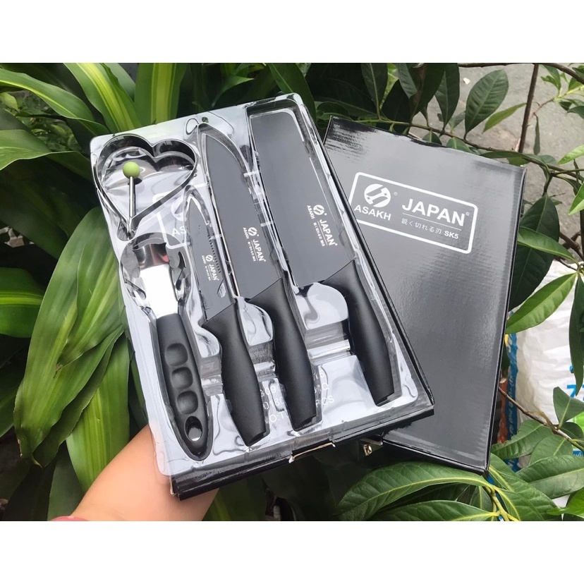 Bộ Dao 5 Món JAPAN ASAKH Cực Sắc Bén Kim Loại Cứng Không Gỉ Đen Nhám Cao Cấp