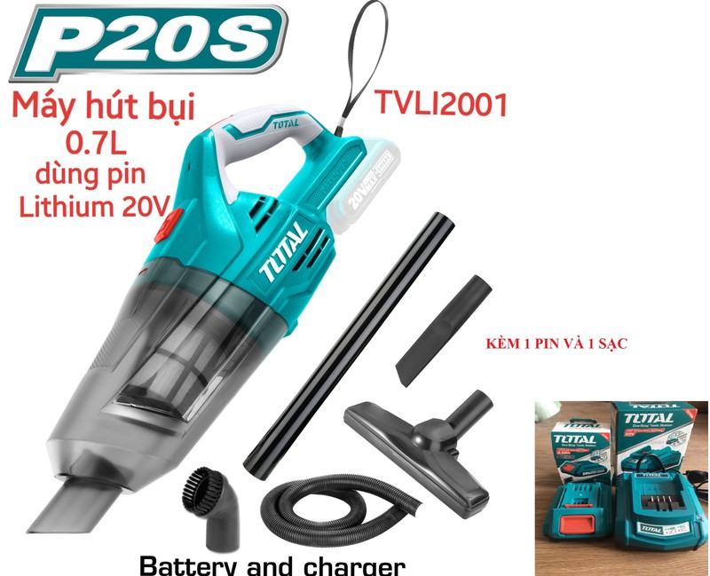 Máy hút bụi dùng pin Lithium 20V TOTAL TVLI2001 (KÈM 1PIN 4AH + 1 SAC)