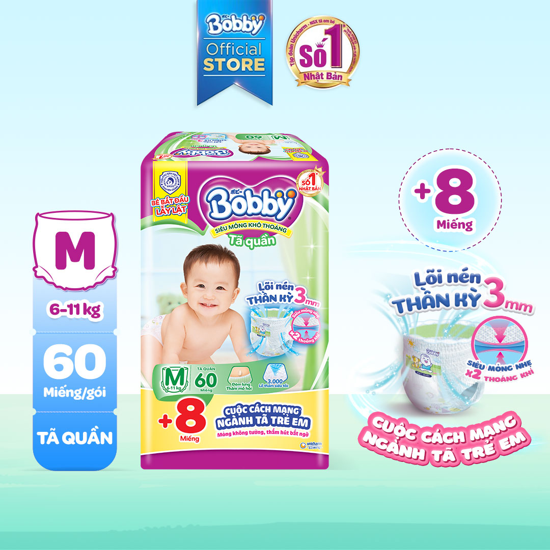 [Tặng 8 miếng ] Tã/Bỉm quần Bobby mới M60 - Lõi nén thần kỳ 3mm - Siêu mỏng khô thoáng