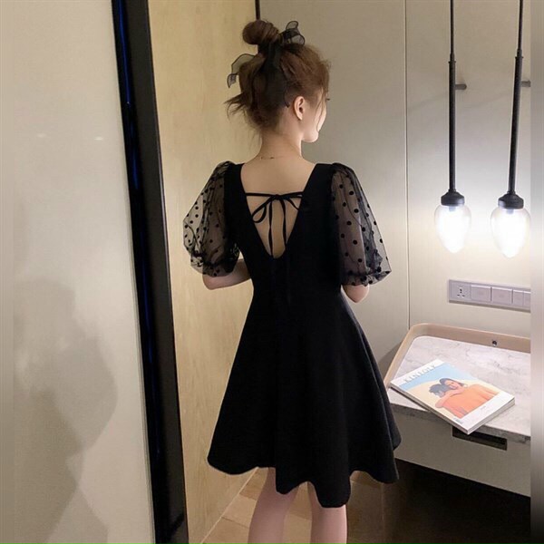 đầm tiểu thư  dự tiệc xinh xắn đầm xòe cổ vuông hở lưng