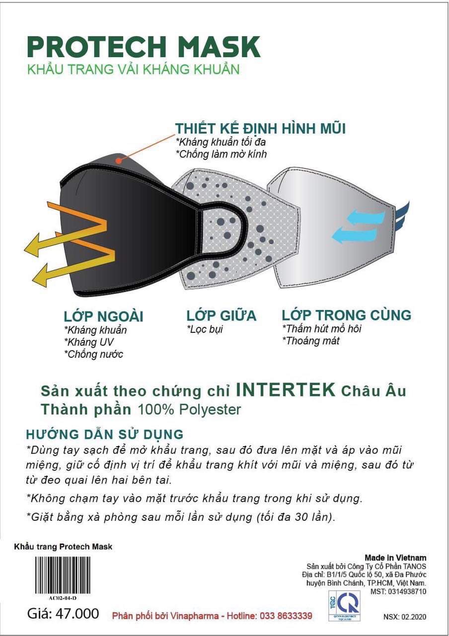 [HCM]Khẩu trang kháng khuẩn 3 lớp PROTECH MASK - Ngăn chặn Virut vi khuẩn tối ưu tiêu chuẩn Intertex Châu Âu