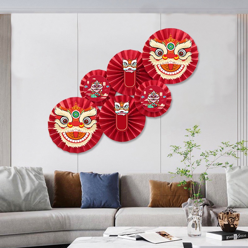 Set 6 Quạt Giấy Tròn Đầu Lân Trang Trí Lễ Tết