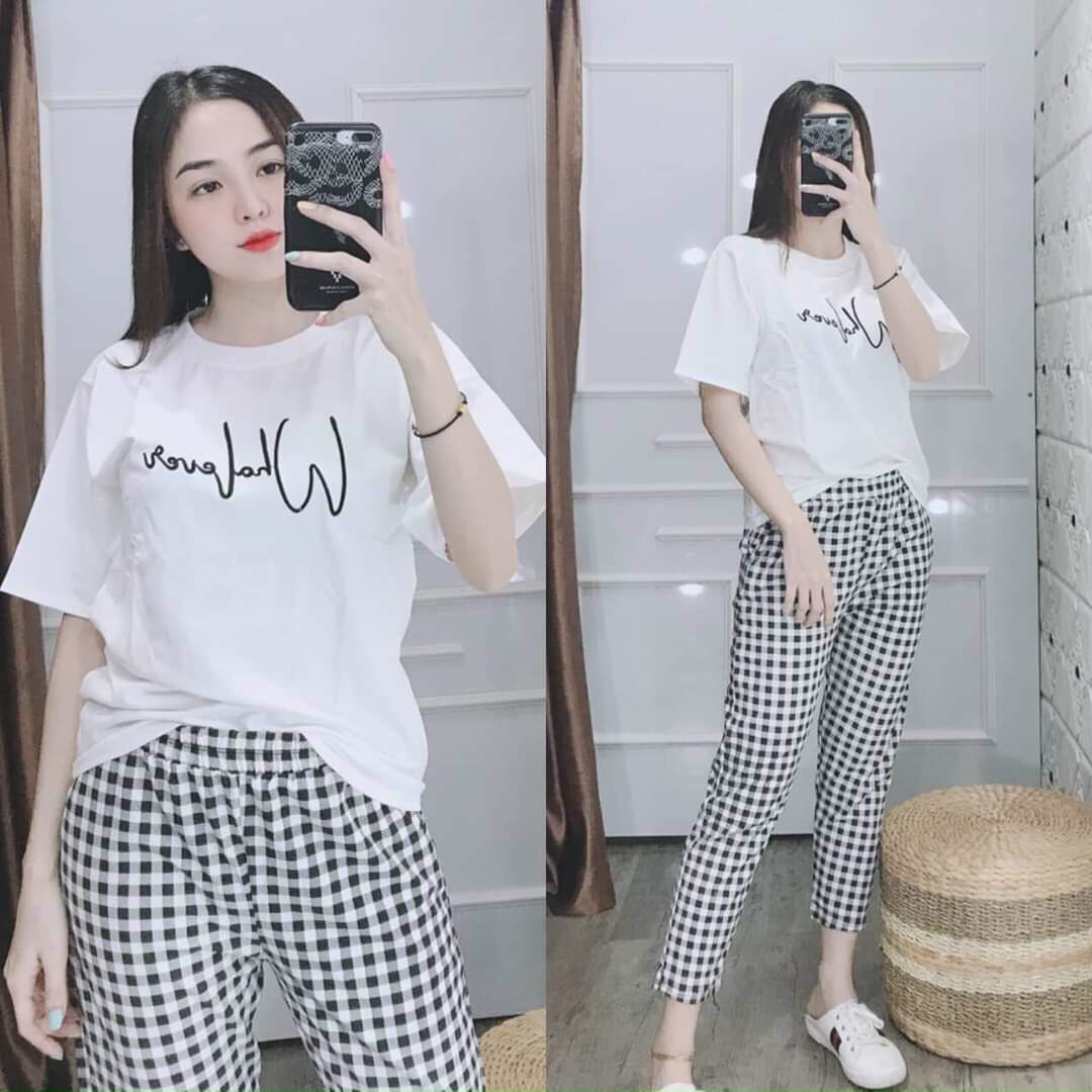 Đồ bộ dài quần caro thun cotton