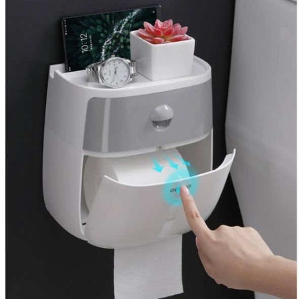 Hộp đựng giấy vệ sinh dán tường cao cấp 2 tầng, hộp treo đựng giấy vệ sinh dán tường chống nước có khay để đồ, hộp đựng giấy vệ sinh giá tốt